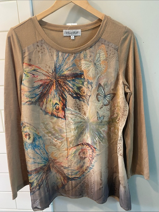 Rafaella Tops - Rafaella Tan Long-Sleeve Butterfly Print Top